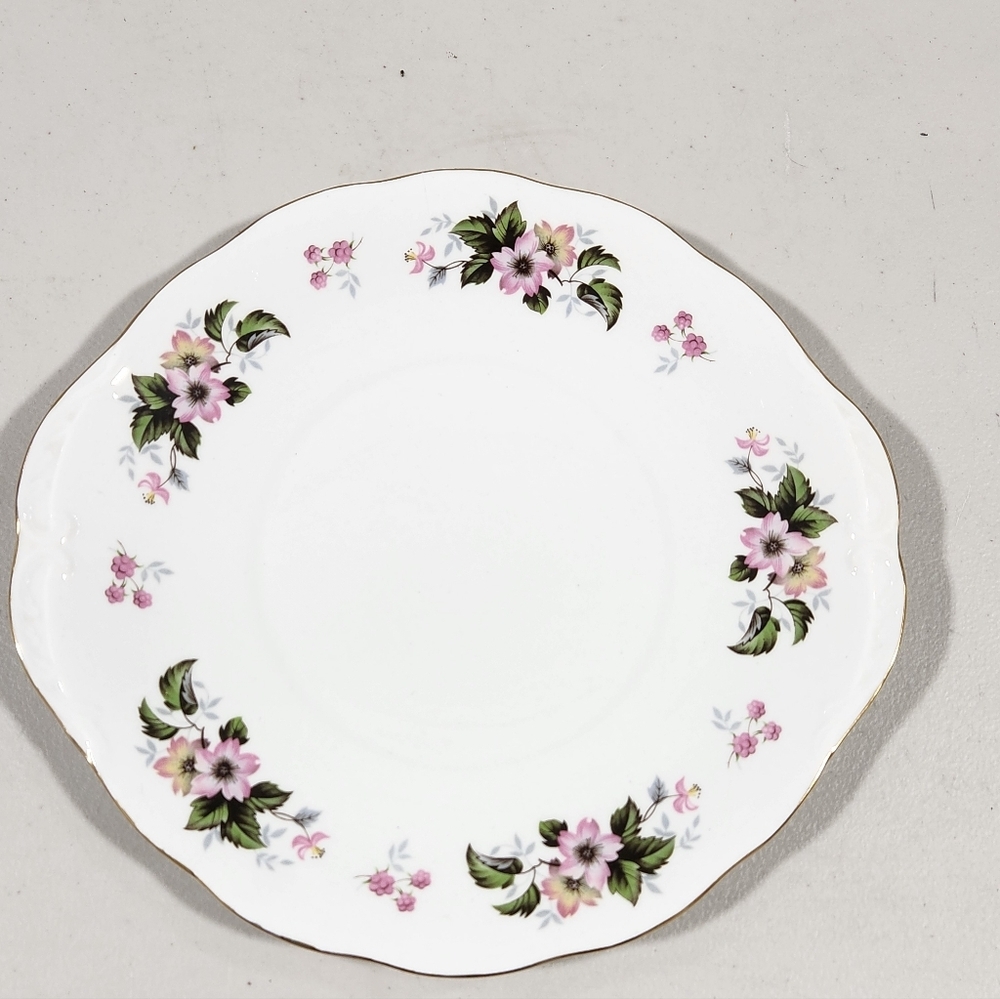 White Bone China Saucer with Pink Floral Border and Gold Trim